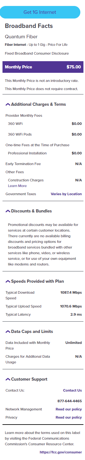 Quantum Fiber Broadband Internet Label 1 Gig