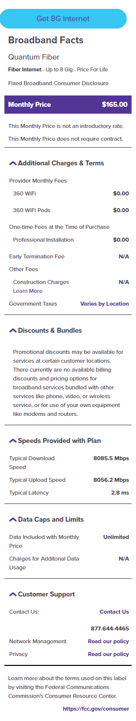 Quantum Fiber Broadband Internet Label 8 Gig