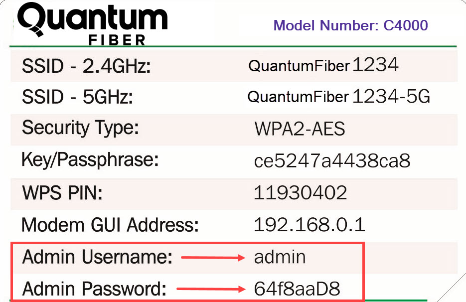Quantum Fiber modem sticker showing admin username and admin password
