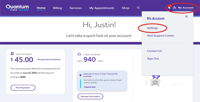 Quantum Fiber online account menu, settings
