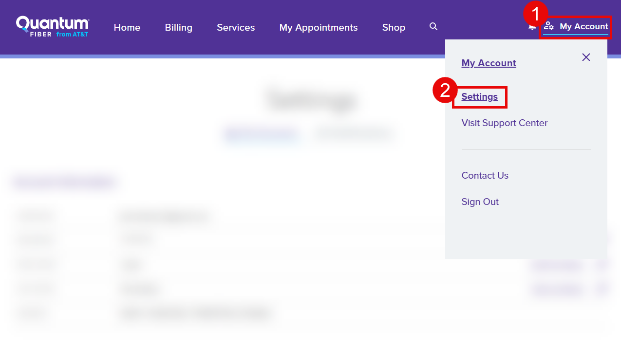 Quantum Fiber online account, steps to open settings
