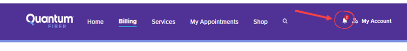 Quantum Fiber account portal menu with message center bell icon