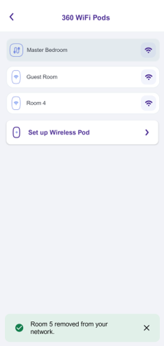 Quantum Fiber app 360 WiFi Pods screen with success message for pod removal