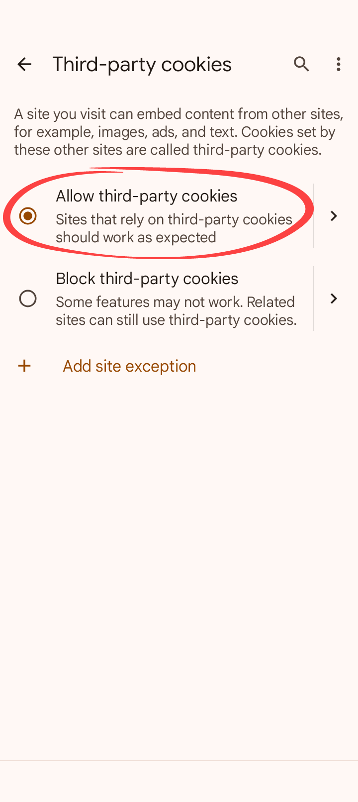 Allow all cookies on an Android device