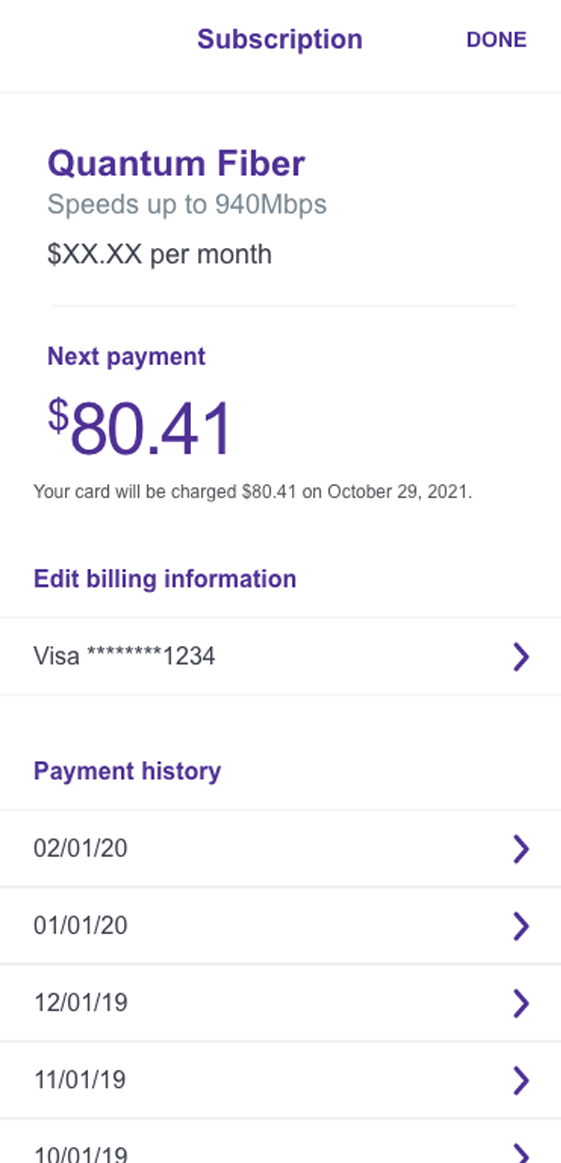 Quantum Fiber app screenshot of Subscription screen with Payment history