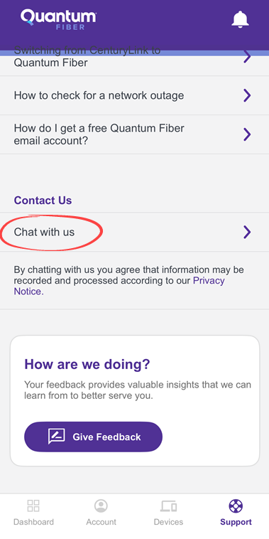 Quantum Fiber app, Support screen with contact options