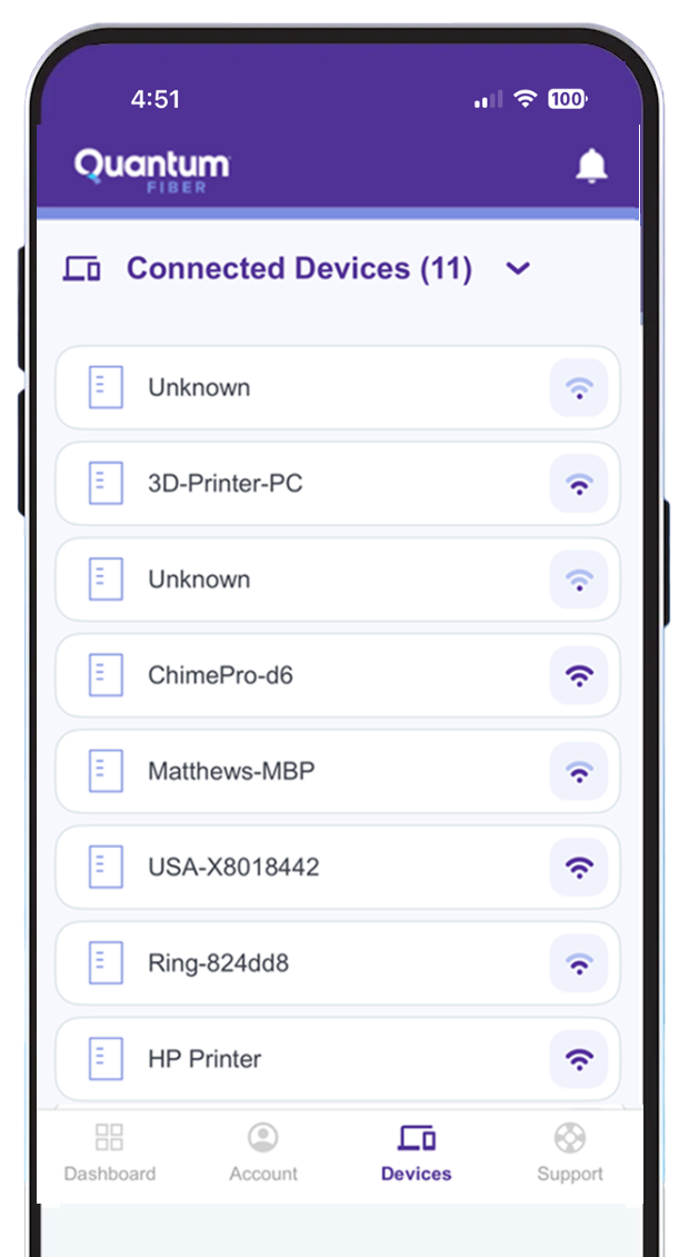 Quantum Fiber app, connected devices screen