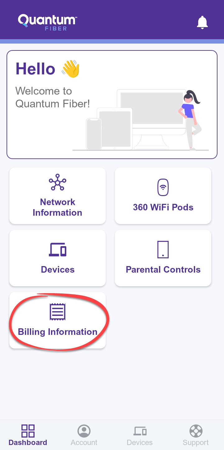 Home screen of the Quantum Fiber app showing Billing Information
