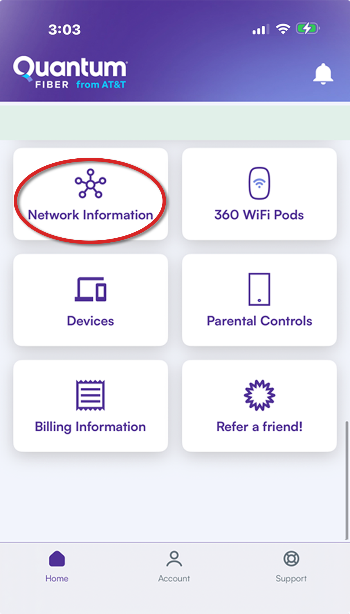 Quantum Fiber app dashboard, network information
