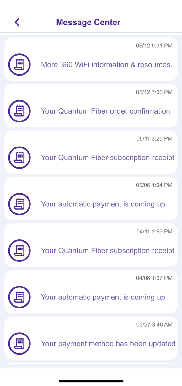 Quantum Fiber app screenshot showing full Message Center list