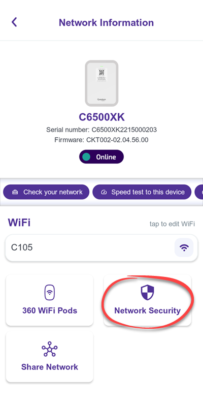 Quantum Fiber app Network Information screen showing Network Security