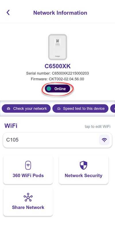 Network Information screen on the Quantum Fiber app showing modem is online