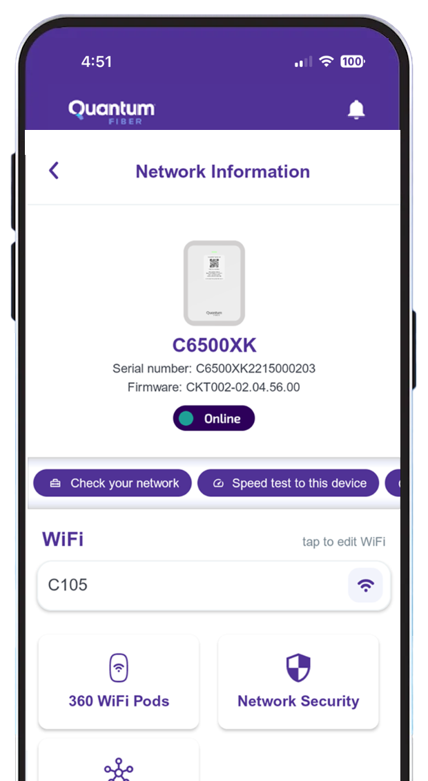 Quantum Fiber app, network information screen
