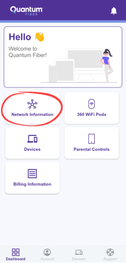 App screenshot showing dashboard with Network Information tile