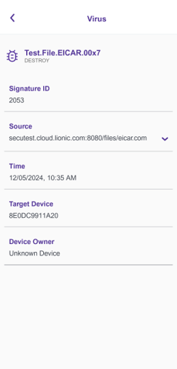 App screenshot showing details for one blocked security threat