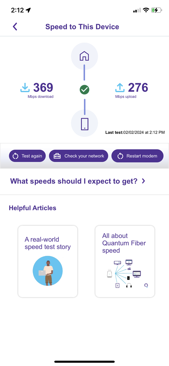 App screenshot showing speed to one device test result