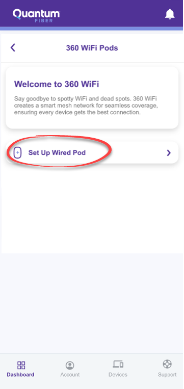 360 WiFi screen in app, set up wired pod