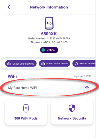 Quantum Fiber app network information screen, network circled