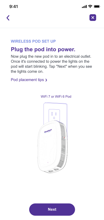 App screenshot showing step to plug in wireless pod