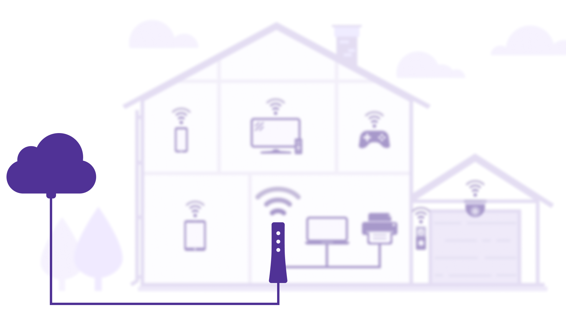 Illustration of house showing network signal coming in to modem